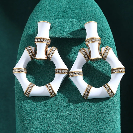 Vintage Drip Oil White Bamboo Women Geometric Hexagonal Designer Earrings