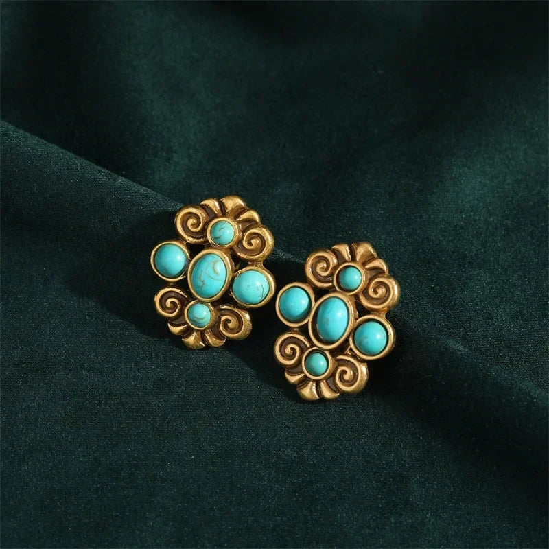Women Gothic Vintage Designer Natural Blue Stone Stud Earrings