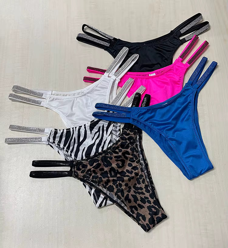 Women Thongs Rhinestones Diamonds G-string Sports Thong Low Waist Shorts Briefs T-back Panties