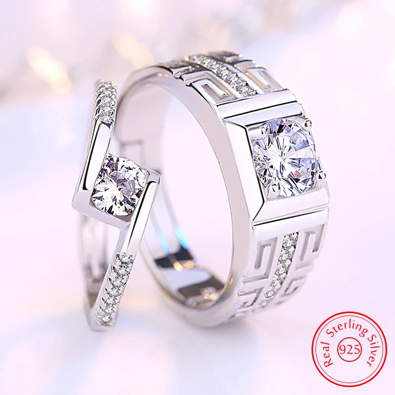 Unisex Crystal Zircon Solid 925 Sterling Silver Couple Wedding Bridal Party Rings
