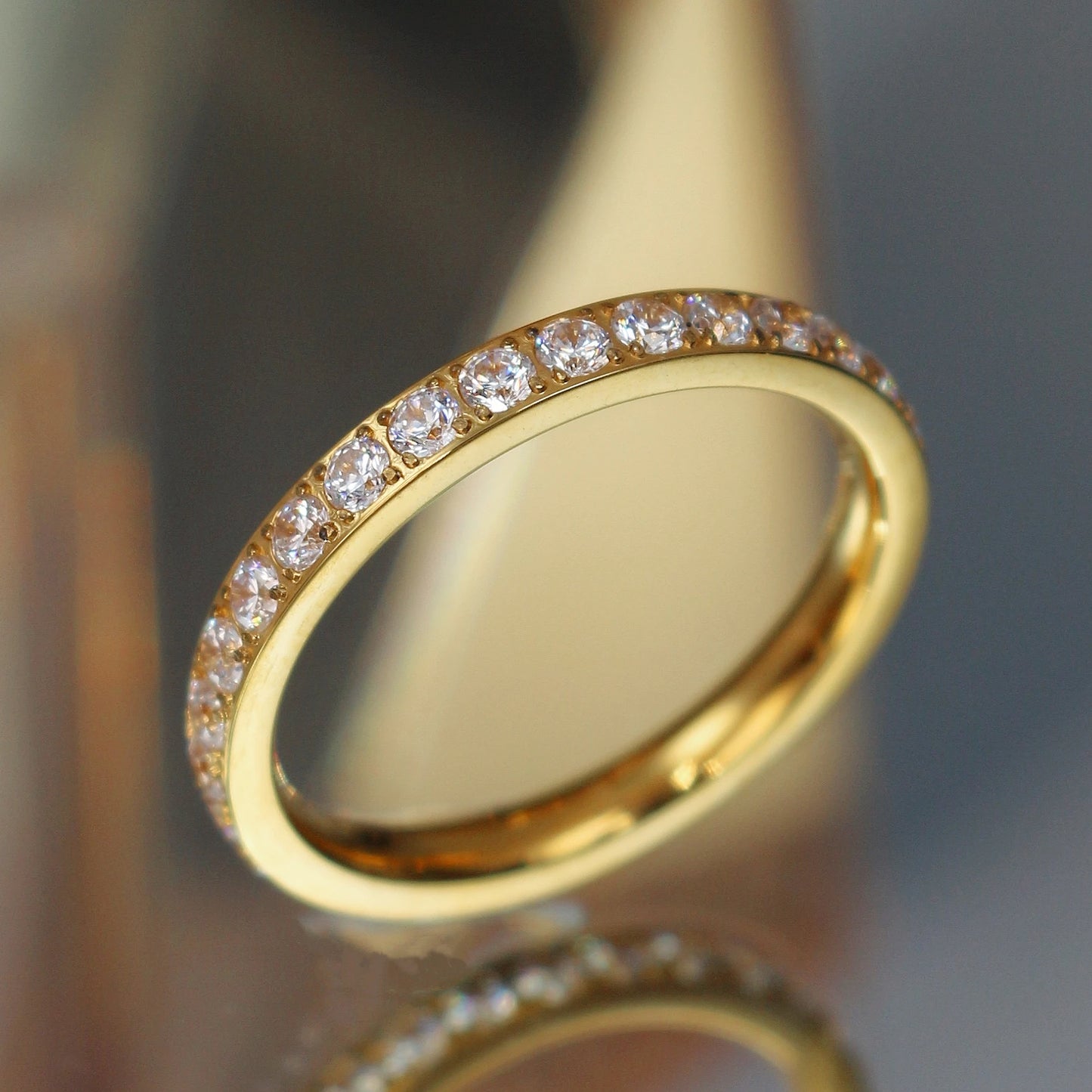 2mm Women 18k gold plated Stainless Steel Crystal CZ Eternity Wedding Ring Gifts