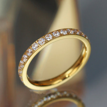 2mm Women 18k gold plated Stainless Steel Crystal CZ Eternity Wedding Ring Gifts