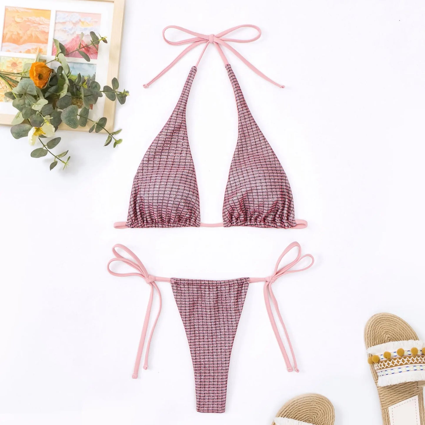 2pcs sexy glitter halter string triangle micro mini bikinis bathing suit thong swimsuits