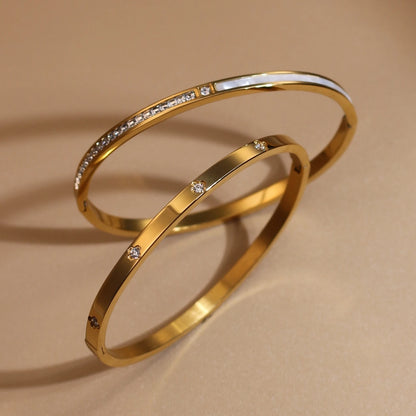 4mm Women's Stainless Steel Crystal Shell Design 18K Gold Plated 2-in-1 Bracelet Bangle