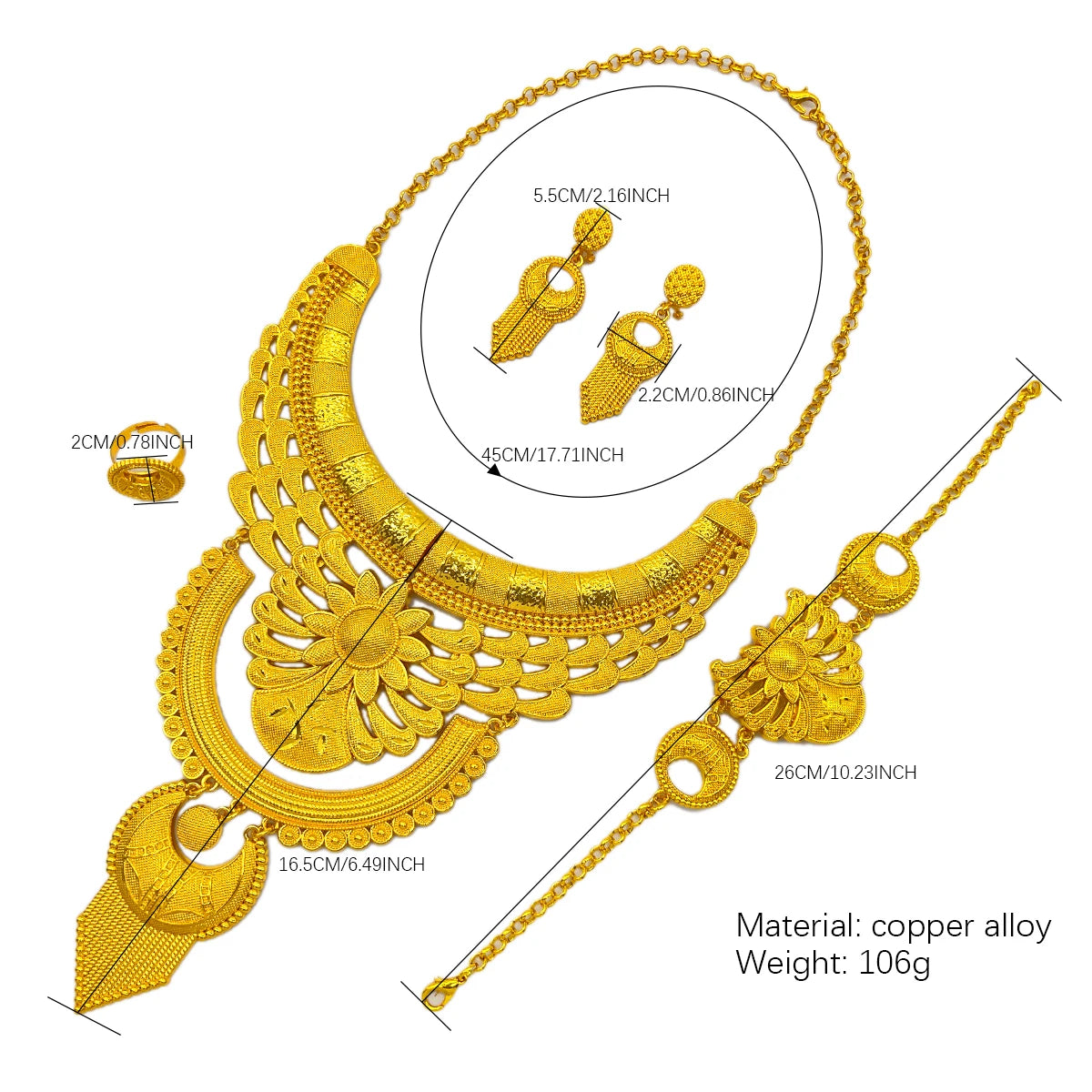 African Dubai Big 24K Gold Plated Women Wedding Indian Brazilian Pendant Necklace Earrings
