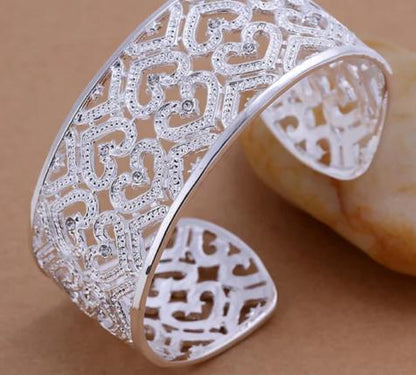 925 Sterling Silver Big 28mm Heart Wedding Engagement Fashion Charm Party Bangle Bracelet