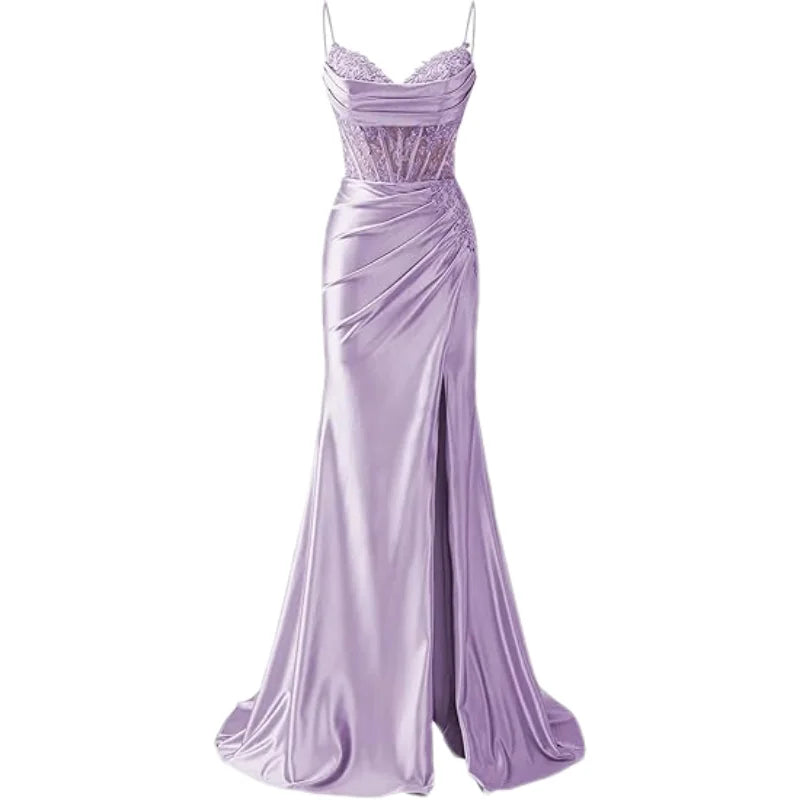 Lace Appliques Satin Prom Women w/ Slit Spaghetti Strap Backless Long Mermaid Evening Formal Dress Gown