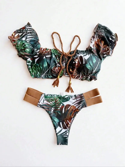 Women Swimsuit Ruffle Push Up Swimwear Brazilian Ribbed Beachwear Bathing Bikini Suit