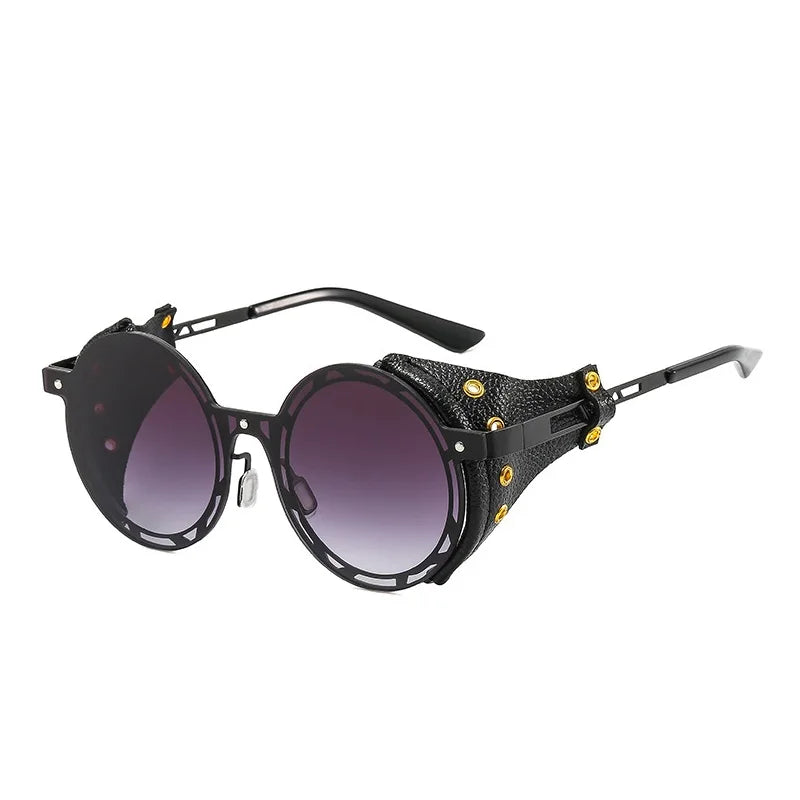 Oversized Men Women Vintage Designer Punk Metal Shades Round Steampunk Leather Eyeglasses UV400 Sunglasses