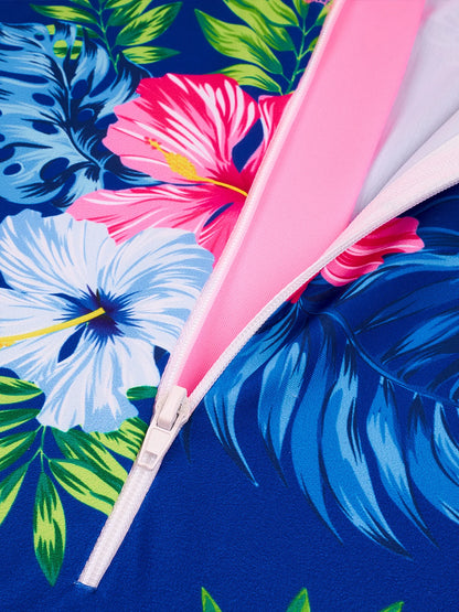 Girls Kids One-Piece Long Sleeve Plants Print Beach Boyleg Shorts Design Swimsuit