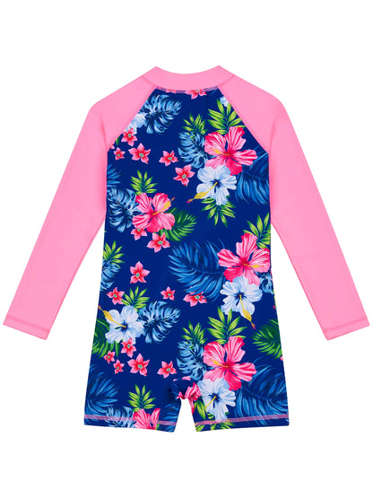Girls Kids One-Piece Long Sleeve Plants Print Beach Boyleg Shorts Design Swimsuit