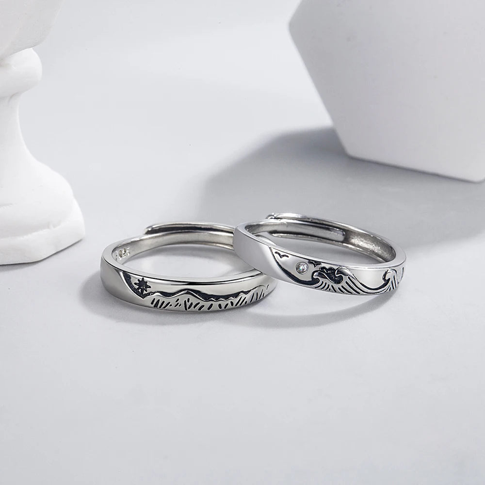 Solid 925 Sterling Silver Bridal Wedding Party Mountains Seas Couple Rings