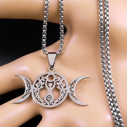 Women Men Stainless Steel Silver Color Amulet Witch Triple Moon Goddess Luna Necklace