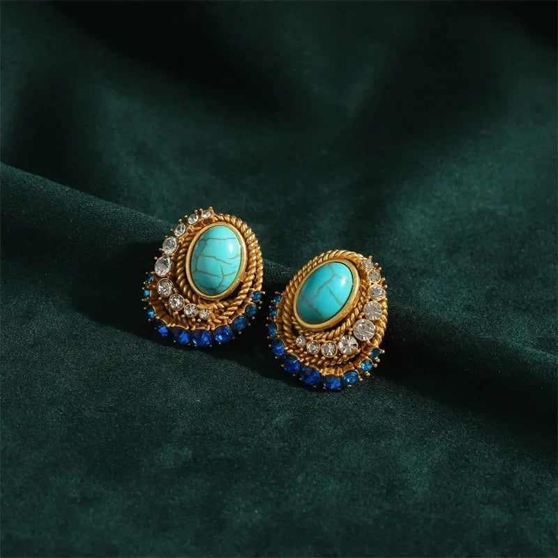 Women Gothic Vintage Designer Natural Blue Stone Stud Earrings