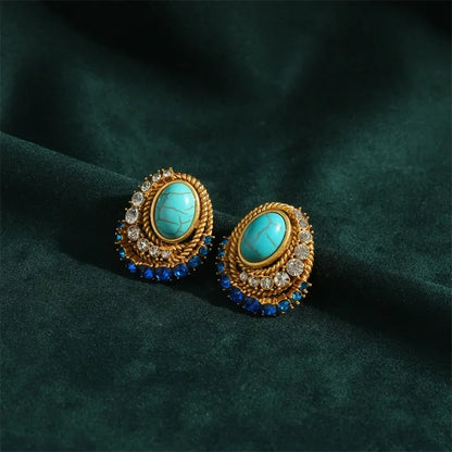 Women Gothic Vintage Designer Natural Blue Stone Stud Earrings