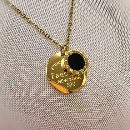 Classic Design Roman Numerals Round Plaque Pendant Titanium Steel Women's Necklace Jewelry Gifts