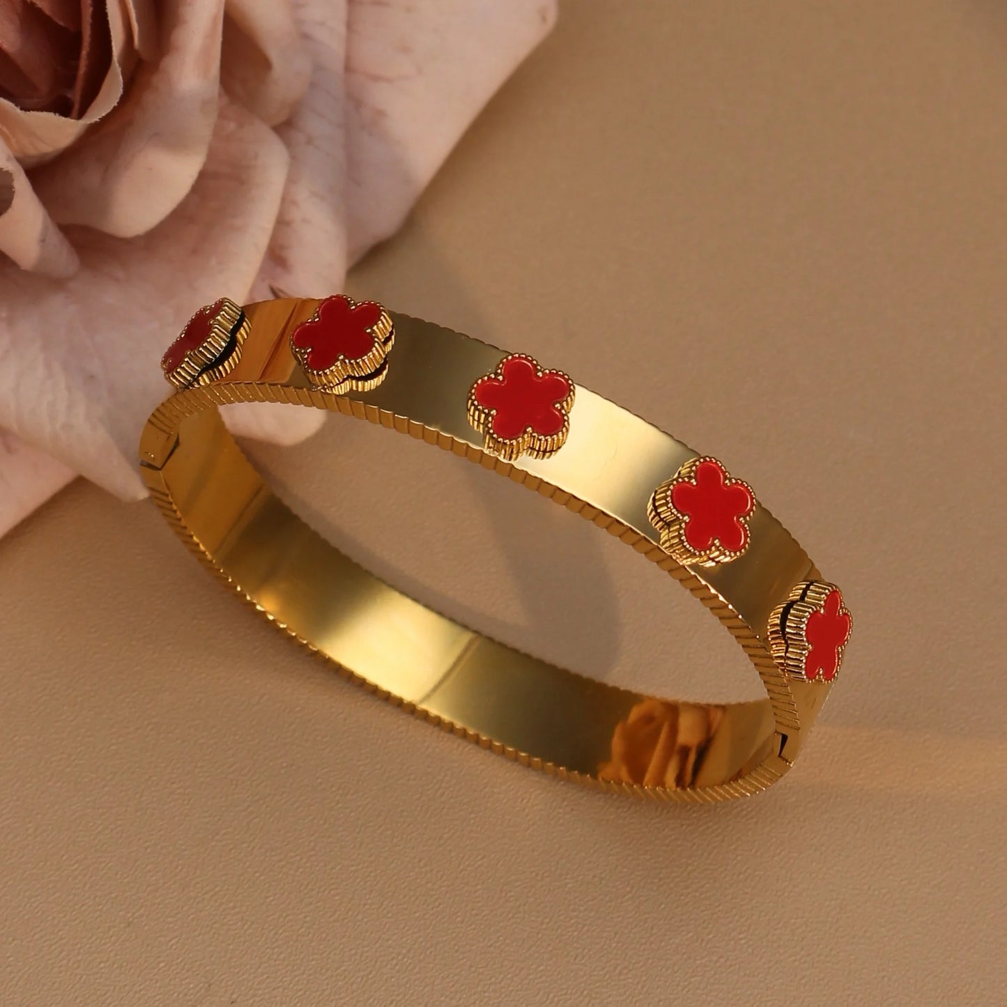Women Acrylic Flower Shape Stainless Steel 18k Gold Color Bracelet Bangles