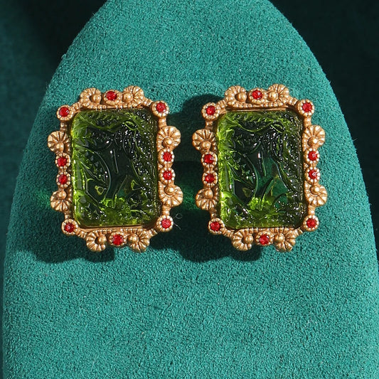 Rectangle Gold Color Green Antique Relief Palace Glass Wedding Charm Vintage Stud Earrings