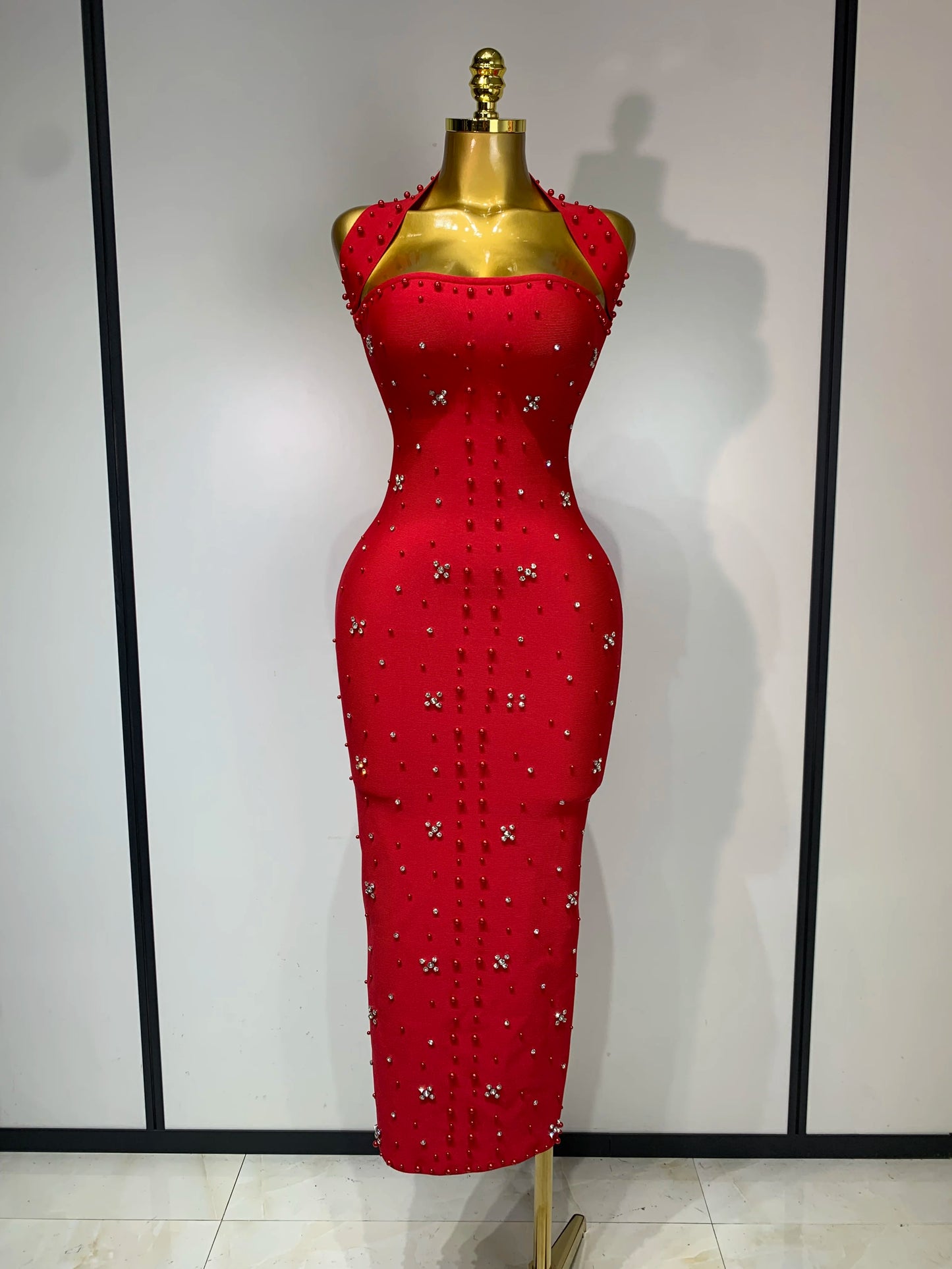 Sexy Sparkly Rhinestone Pearl Halter Backless Bandage Long Birthday Evening Party Dress