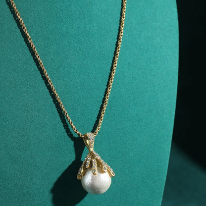 Women Vintage Pearl Freshwater Shell Rhinestone Ball Designer Wedding Pendant Necklace
