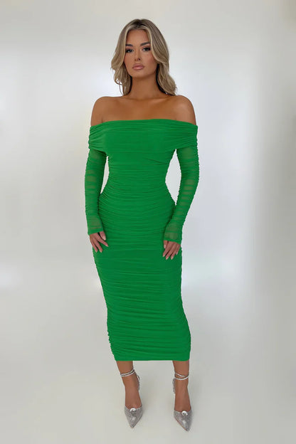 Women Off-shoulder Long Sleeve Sexy Maxi Strapless Backless Bodycon Ruched Party Long Dress