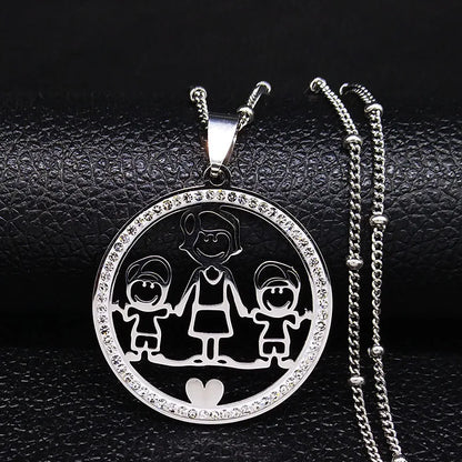 Family Boy Gril Stainless Steel Silver Color Crystal Necklace