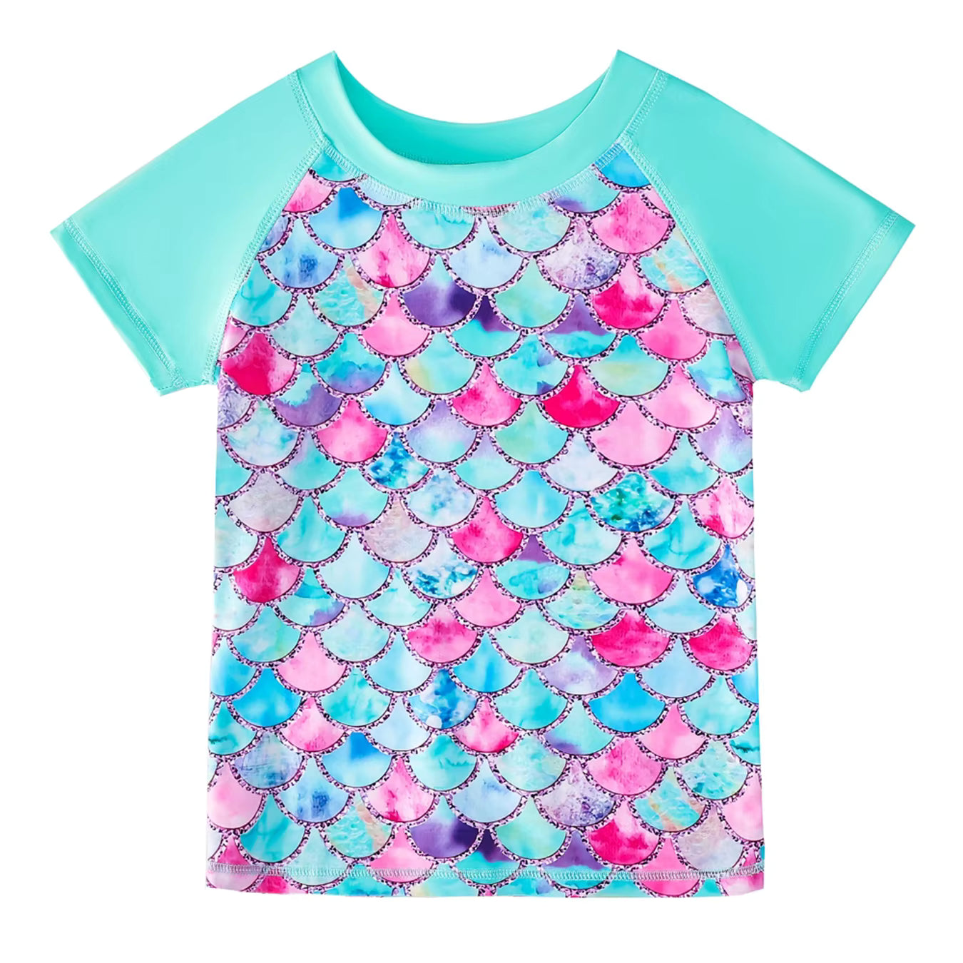 2pcs Kids Girls Short Sleeve Tops Swim Shorts Scale Print Patchwork Beach Bathing Swimwear