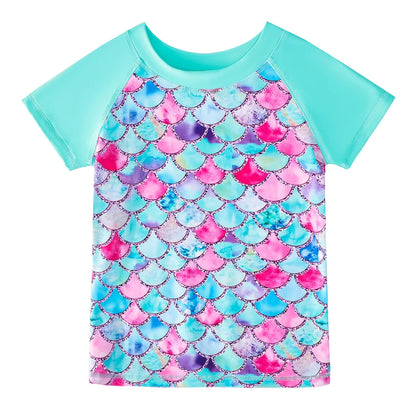 2pcs Kids Girls Short Sleeve Tops Swim Shorts Scale Print Patchwork Beach Bathing Swimwear