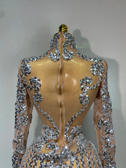 Sparkly Silver Gold Sequins Shor Sexy High Slit Nightclub Evening Party Birthday Dress