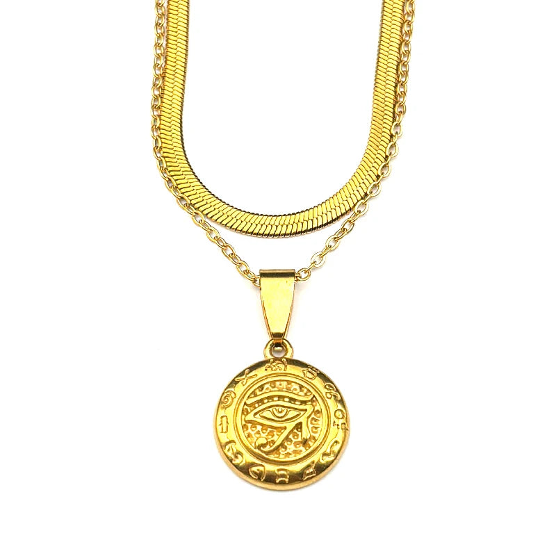 Women Men Gold Color Eye of Ra Horus Symbol Stainless Steel Egyptian Eyes Hieroglyph Chain Pendant Necklace