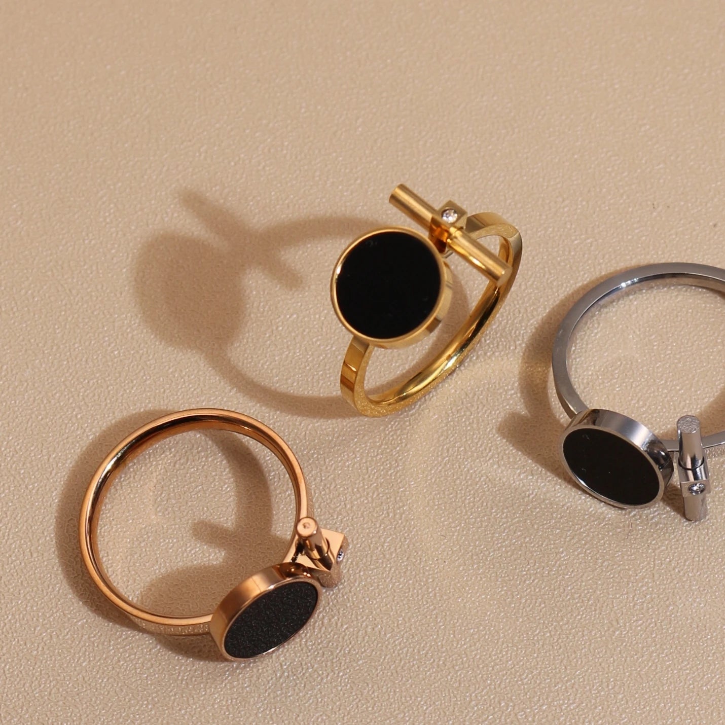 Women 2-In-1Black Acrylic Zirconia Stainless Steel Ring Bangle Bracelet Gifts Set