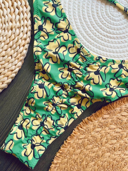 Sexy Botany Print Bikinis Swimsuit Two-piece Triangle Halter Swimwear Bathing Suit Brazilian