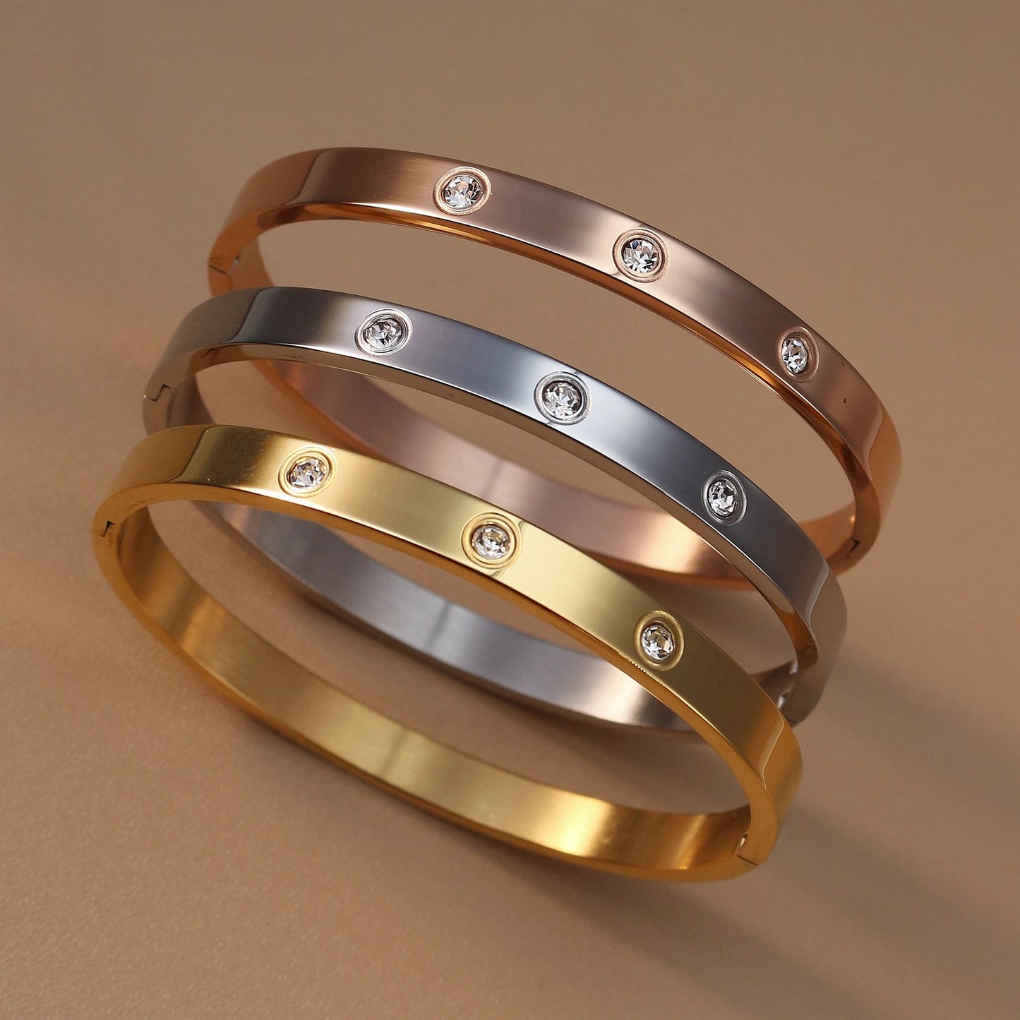Women Roman Numeral 18k Gold Color Stainless Steel Zircon Bracelet Bangles