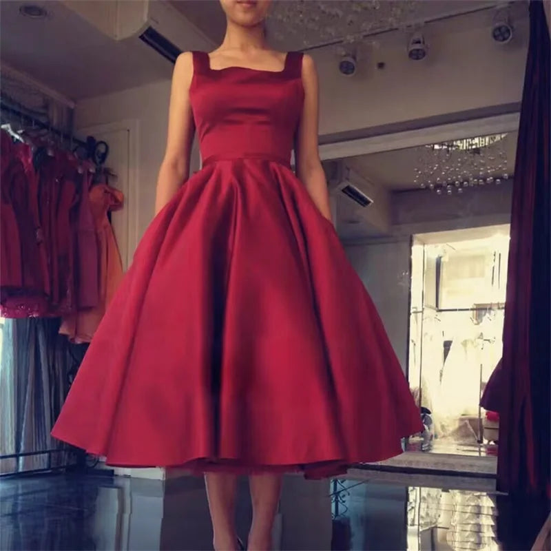 Women's Square Neck Satin Prom Bow A Line Backless Tea Length Formal Evening Party Dress w/ Pockets