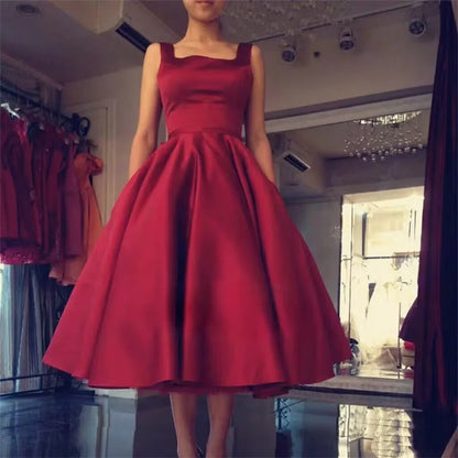 Women's Square Neck Satin Prom Bow A Line Backless Tea Length Formal Evening Party Dress w/ Pockets