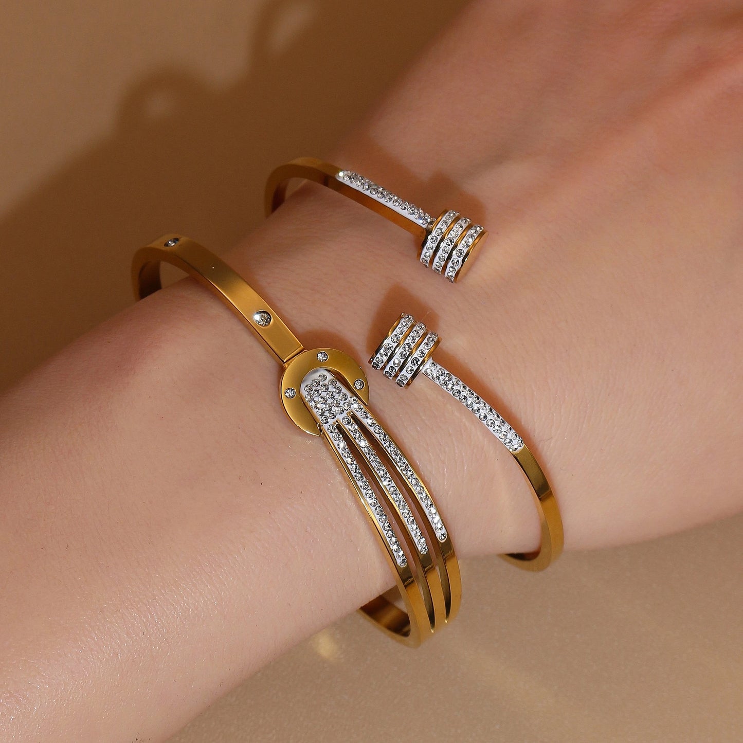 Women 18k Gold Plated Crystal Hollow Open Stainless Steel Bracelet