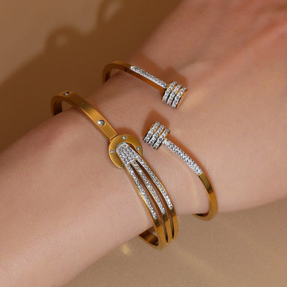 Women 18k Gold Plated Crystal Hollow Open Stainless Steel Bracelet