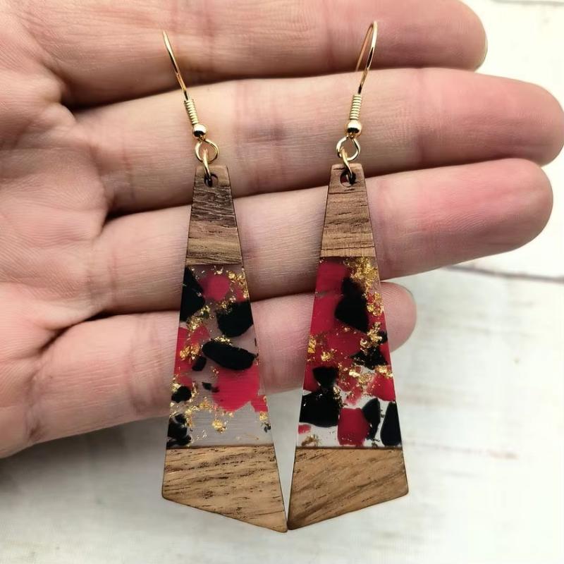 11 Colors Women Walnut Wood Gold Foil Epoxy Resin Art Dangle Earrings