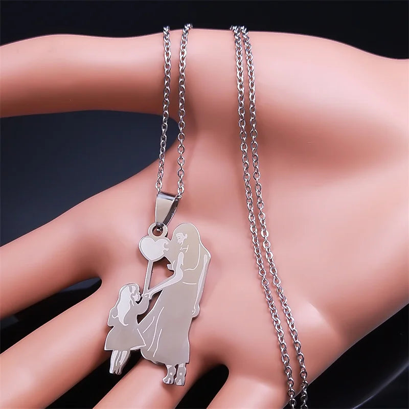 Mother Kids Stainless Steel Silver Color Mom Daughter Love Heart Necklace