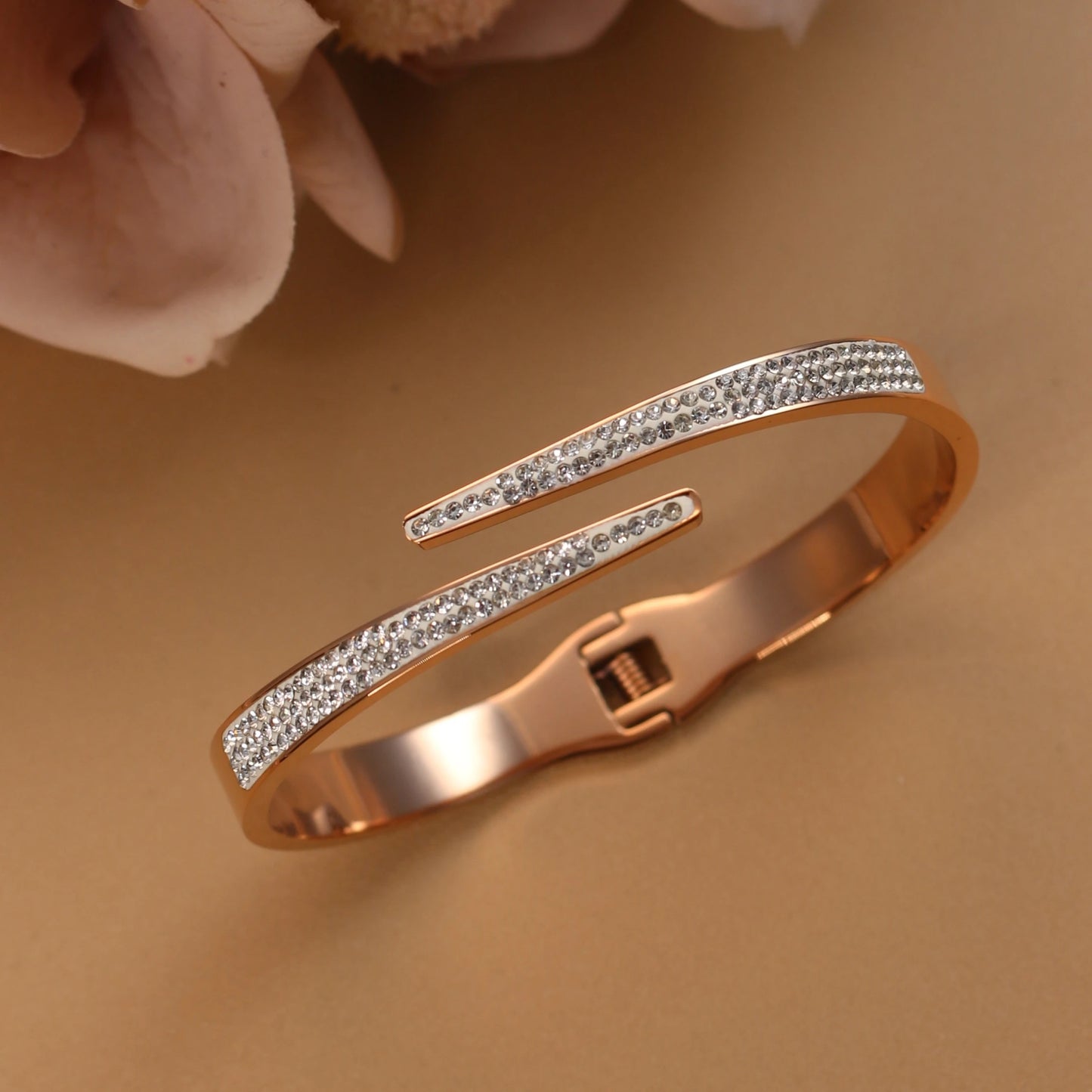 Women Stainless Steel Crystal Hollow Water Drop Open Bracelet Bangle