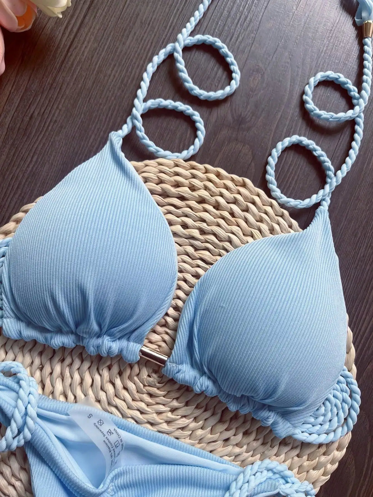 Women Swimsuit Braiding Rope Bikini Set Two-piece Triangle Solid Swimwear Bathing Suit Brazilian