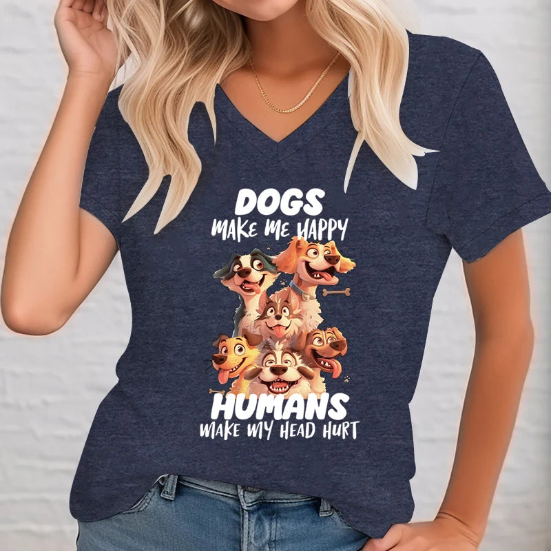 Dogs Make Me Happy Print Women Tee Tops T-Shirt