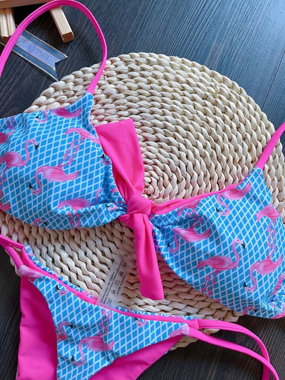 Women Two-Piece Push up Grid Flamingo Print Swimsuit Thongs Bikini Bathing Suit