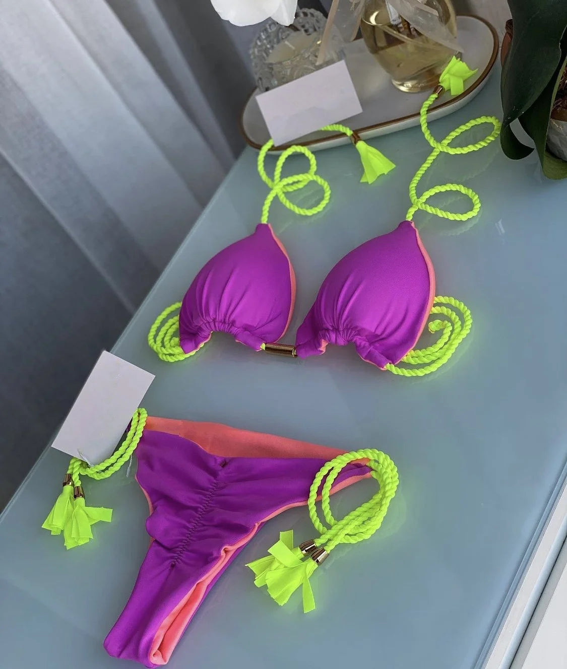 Sexy Separate Triangle Pure Color Rope Weaving Multicolor Bikini Swimsuit Suit