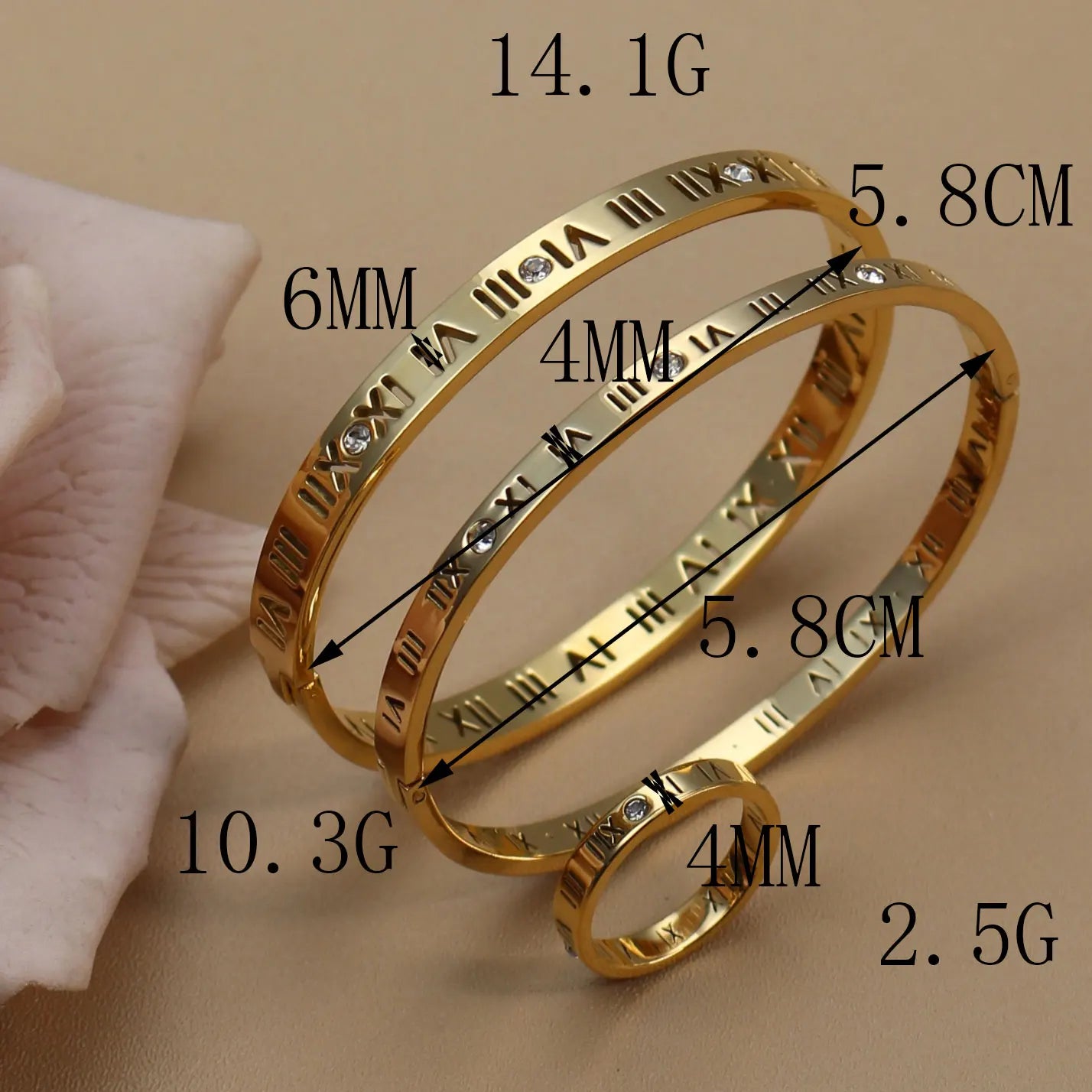 Stainless Steel 18K gold plated Roman Numeral Bracelet Bangles Ring 2-in-1 Jewelry