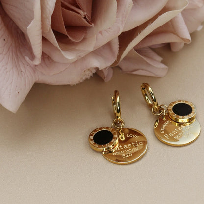 Roman Numeral Medallion Design FOREVER LOVE Stainless Steel Earrings Gift