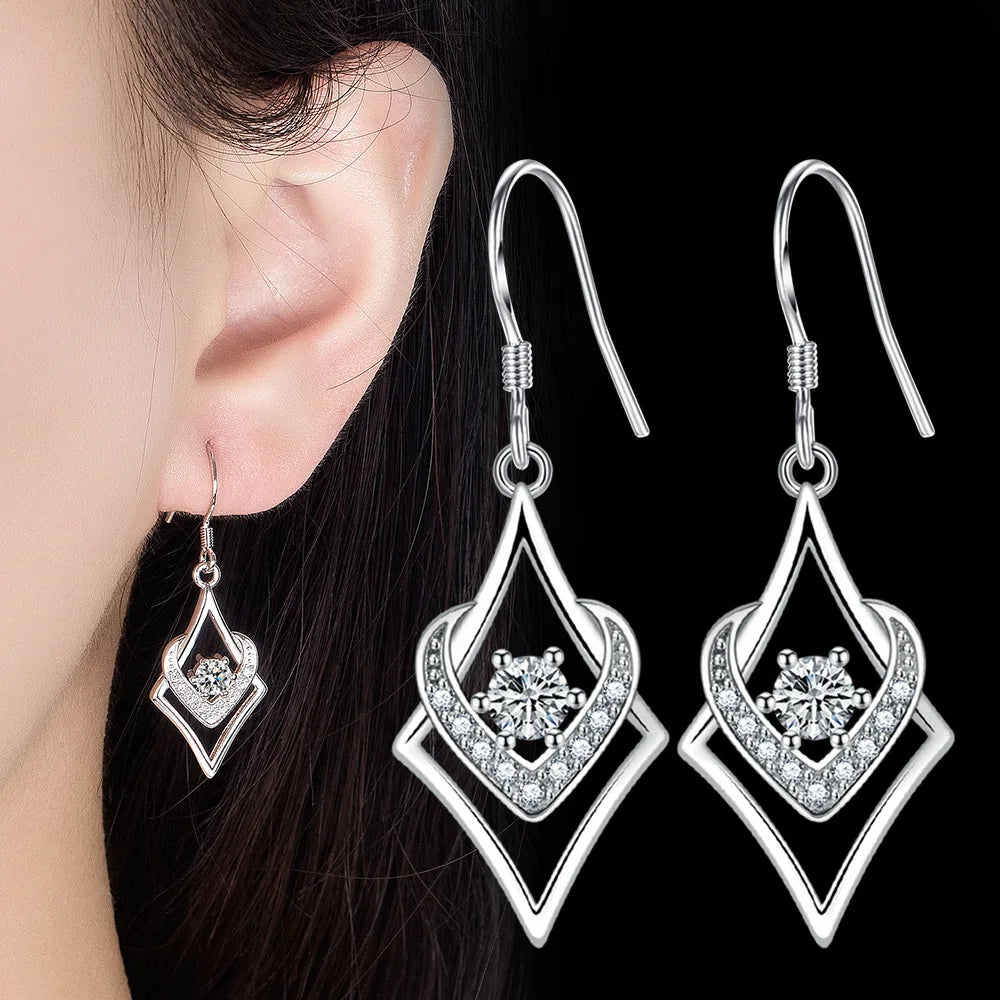 Solid 925 Sterling Silver Women Diamond Shaped Heart Crystal Zircon Drop Earrings