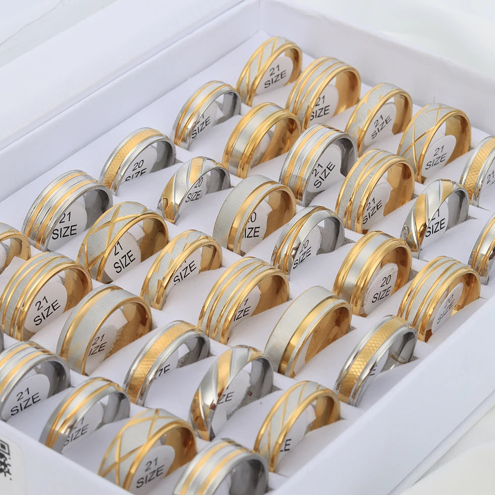 24pcs/lot Fashion Stainless Steel Stripe Gold Color Men Mix Stylish Rings