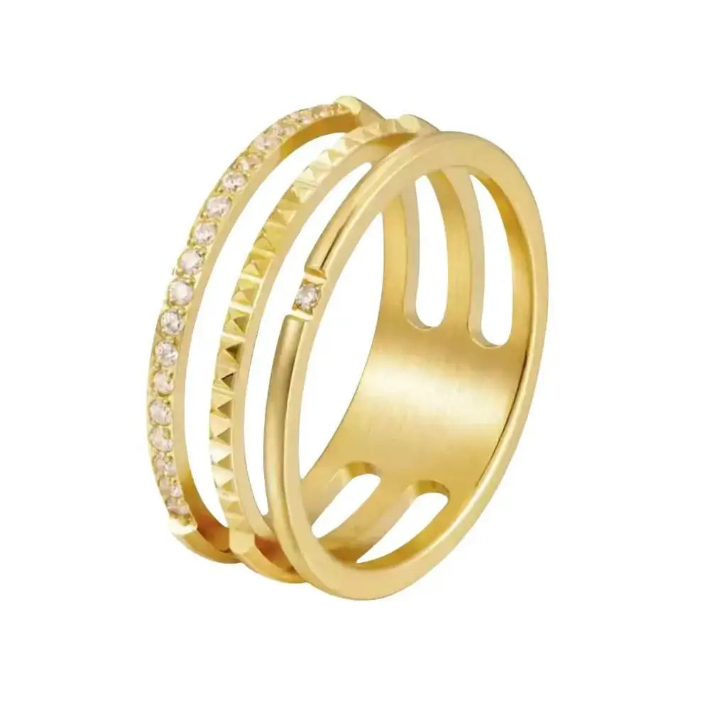 Women 18k Gold Wedding Zircon Inlaid Triple Layer Stainless Steel Fashion Ring