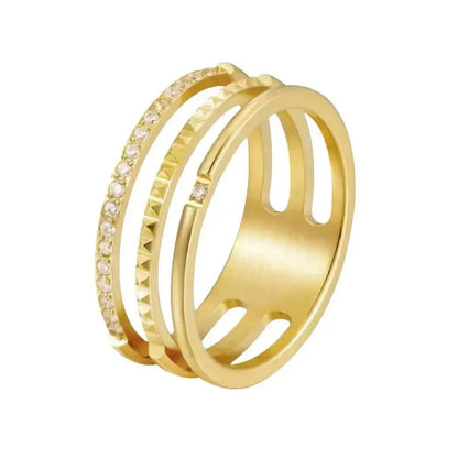 Women 18k Gold Wedding Zircon Inlaid Triple Layer Stainless Steel Fashion Ring